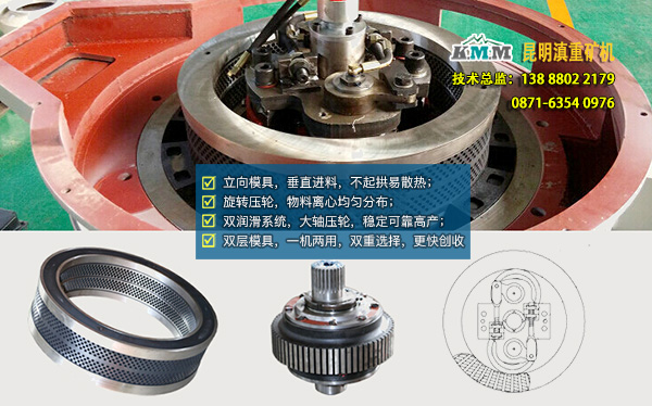 雙層、立向模具、旋轉(zhuǎn)壓輪等顆粒機(jī)內(nèi)部示意圖